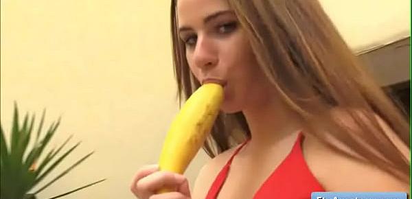  Lovely busty teen amateur Aveline fuck her juicy pussy deep and tender with a big banana on the stairs